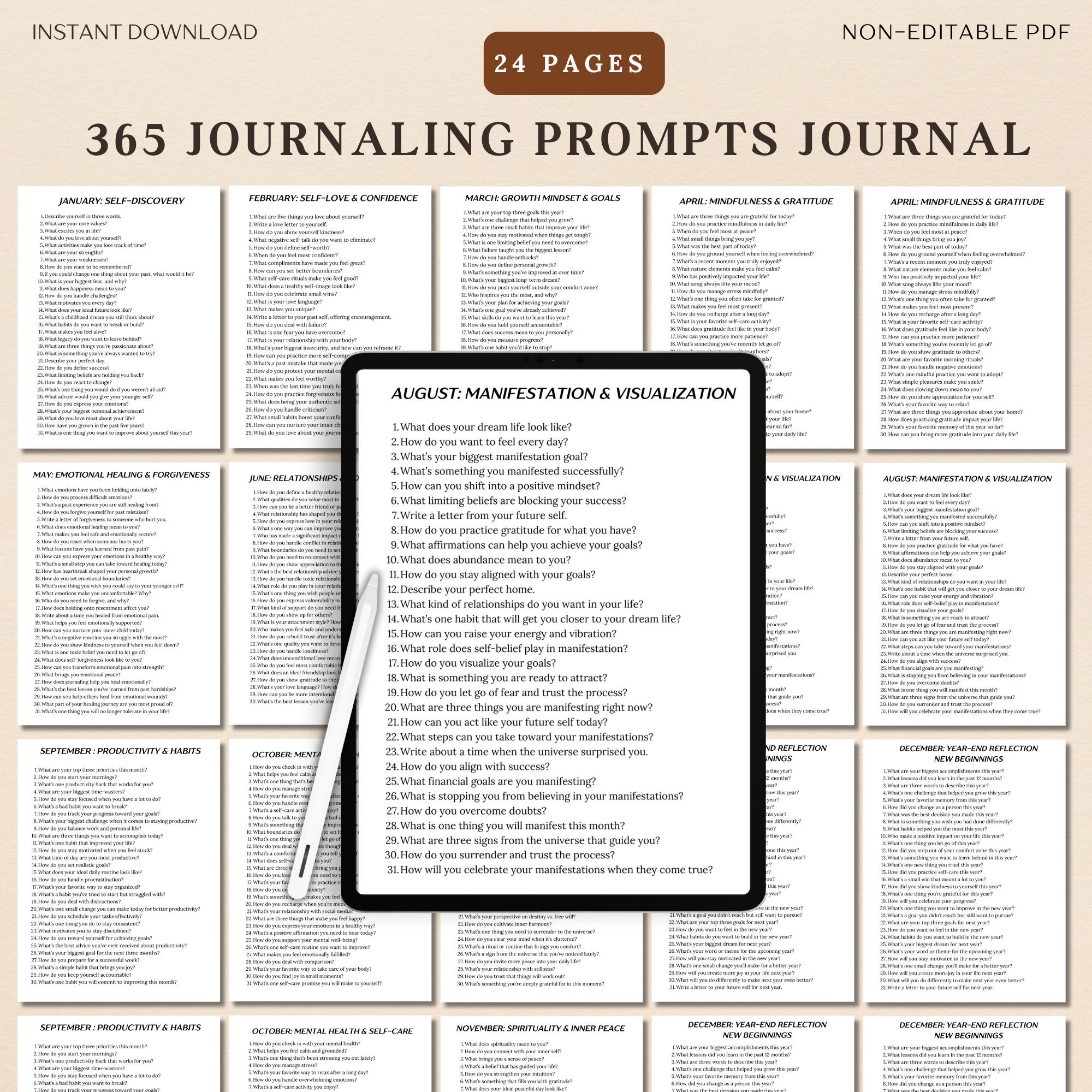 365 Daily Journal Prompts Printable Bundle for Self Care, Mental Health ...