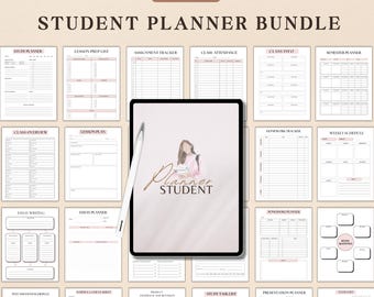 May include: A digital planner bundle for students with 40 pages of printable templates. The templates include study planner, lesson prep list, assignment tracker, class attendance, class info, semester planner, class overview, lesson plan, essay writing, essay planner, homework tracker, weekly schedule, pomodoro planner, mind mapping, time and schedule, formula cheat sheet, project feedback and revisions, study task list, presentation planner, and to-do list.
