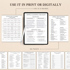 Puede incluir: Una colecci&oacute;n de listas de verificaci&oacute;n de limpieza e instrucciones para imprimir. La imagen incluye un desaf&iacute;o de limpieza de 30 d&iacute;as, una lista de verificaci&oacute;n de limpieza de oficinas y una lista de verificaci&oacute;n de limpieza de primavera. El texto dice "&Uacute;selo impreso o digitalmente".