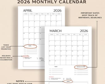 2026 Druckbarer Kalender, 2026 Monatsplaner Portrait, Minimaler Monatskalender, Montag Sonntag Start, Jahreskalender Vorlage, Wandkalender