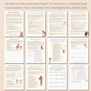 May include: A set of printable worksheets with colorful illustrations and text about understanding and healing your inner child. The worksheets include titles like "What is the Inner Child?", "My Inner Child's Voice", "Reframing Your Inner Child", "Healing Affirmations for Your Inner Child", "Moments I Felt Unseen, unheard or Unloved", "Compassionate Mirror Work", "Coloring for Self-Love & Inner Calm", "Reframing Limiting Beliefs", and "Core Wounds Worksheet".