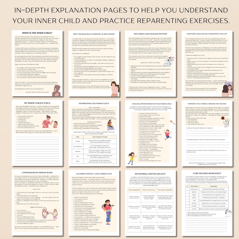 May include: A set of printable worksheets with colorful illustrations and text about understanding and healing your inner child. The worksheets include titles like "What is the Inner Child?", "My Inner Child's Voice", "Reframing Your Inner Child", "Healing Affirmations for Your Inner Child", "Moments I Felt Unseen, unheard or Unloved", "Compassionate Mirror Work", "Coloring for Self-Love & Inner Calm", "Reframing Limiting Beliefs", and "Core Wounds Worksheet".