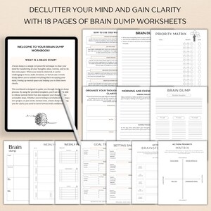 May include: A black and white printable workbook with 18 pages of worksheets for brain dumping, organizing thoughts, and setting goals. The workbook includes titles like "Brain Dump", "Priority Matrix", "Morning and Evening Thoughts", "Organize Your Thoughts for Clarity", "Goal Tracking", "Setting Small Goals", "Action Brainstorm", and "Action Priority Matrix".