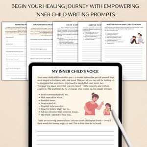 May include: A digital tablet displaying a worksheet with writing prompts for inner child work. The worksheet features a cartoon illustration of a woman and a girl, with the text "My Inner Child's Voice" at the top.