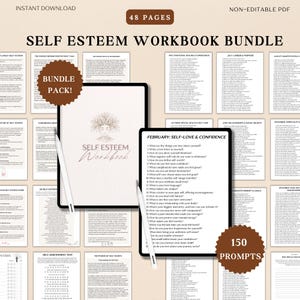Printable Self-Esteem Workbook Bundle, 150 Self-Esteem Journaling Prompts for Self Confidence, Therapy Tools, CBT Worksheets, Mental Health