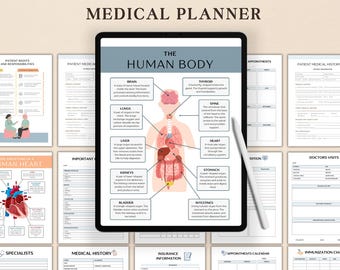 Afdrukbare medische planner, medische map, zorgplanner, medicatie- en symptoomtracker, aantekeningen doktersbezoek, bloeddruklogboek pdf/A4