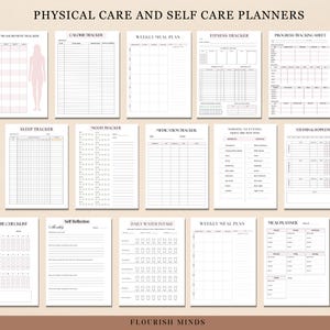 May include: A printable set of 12 black and white physical and self-care planner pages. The pages include trackers for measurements, calories, mood, sleep, medication, fitness, progress, water intake, weekly meal plans, and a meal planner.