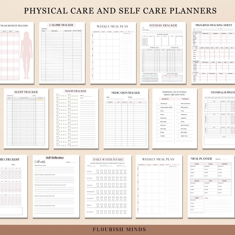May include: A printable set of 12 black and white physical and self-care planner pages. The pages include trackers for measurements, calories, mood, sleep, medication, fitness, progress, water intake, weekly meal plans, and a meal planner.