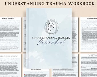 Puede incluir: Un libro de trabajo azul y blanco titulado "Understanding Trauma Workbook" con un icono de cerebro en un círculo. El libro de trabajo está abierto en una página titulada "Trauma Responses" con una lista de respuestas al trauma y una clave de colores. El libro de trabajo está sobre un fondo blanco.