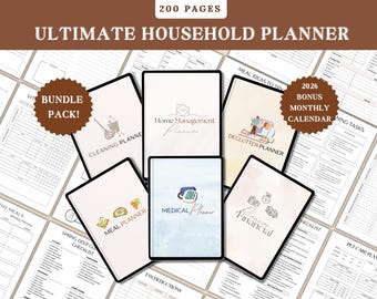 May include: A digital household planner bundle with the text "ULTIMATE HOUSEHOLD PLANNER" and "200 PAGES." The bundle includes planners for cleaning, home management, meals, decluttering, medical, and finances. Includes a 2026 bonus monthly calendar.