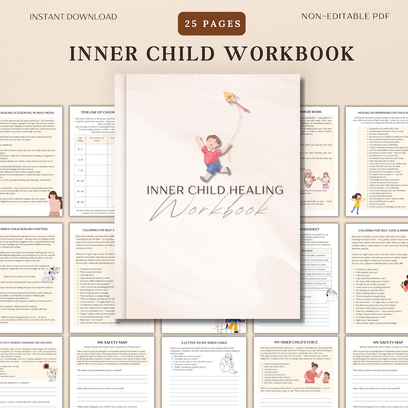 May include: A 25-page workbook titled "Inner Child Healing Workbook" with a light pink background and a cartoon illustration of a child flying a kite. The workbook includes activities such as coloring pages, journaling prompts, and worksheets.