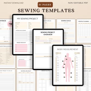 May include: Digital sewing templates on tablets, including project planning, design checklists, body measurements, and sewing goals. The image text reads "Instant Download", "31 Pages", and "Non-Editable PDF".