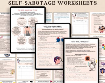 Hojas de trabajo sobre autosabotaje, autoestima, crítica interna, identidad propia y ansiedad, terapia cognitivo conductual, terapia, salud mental
