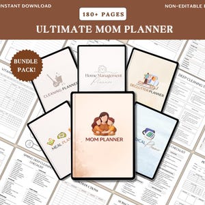 May include: A digital Ultimate Mom Planner bundle with 180+ pages. The image shows several planner covers with titles like "Cleaning Planner," "Meal Plan," and "Mom Planner." The words "Instant Download" and "Non-Editable PDF" are also visible.