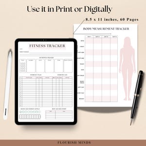 May include: A printable fitness tracker with sections for daily goals, nutrition, workout plan, exercise log, mood and energy levels, and rest and recovery. The tracker also includes a body measurement tracker with a silhouette of a person and columns for measurements taken on different days.