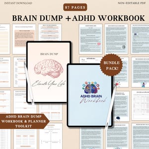 Op de afbeelding: Digitale ADHD- en Brain Dump werkboeken en planner toolkit. De afbeelding toont twee tablets met de titels "Brain Dump" en "ADHD Brain Workbook". De werkboeken zijn omgeven door pagina's met inhoud en het woord "Bundle Pack!" staat in het midden.