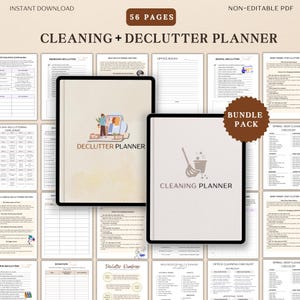 Peut inclure: Un ensemble numérique de planificateurs de nettoyage et de désencombrement. L'image montre deux tablettes numériques avec les mots "Declutter Planner" et "Cleaning Planner". Le lot comprend 56 pages de listes de contrôle et de guides.