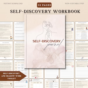 Puede incluir: Un cuaderno digital de autodescubrimiento con 33 páginas. La portada presenta un dibujo lineal de una persona sosteniendo una flor, con las palabras "SELF-DISCOVERY journal". El cuaderno incluye un kit de herramientas para el autodescubrimiento y el trabajo de la sombra.