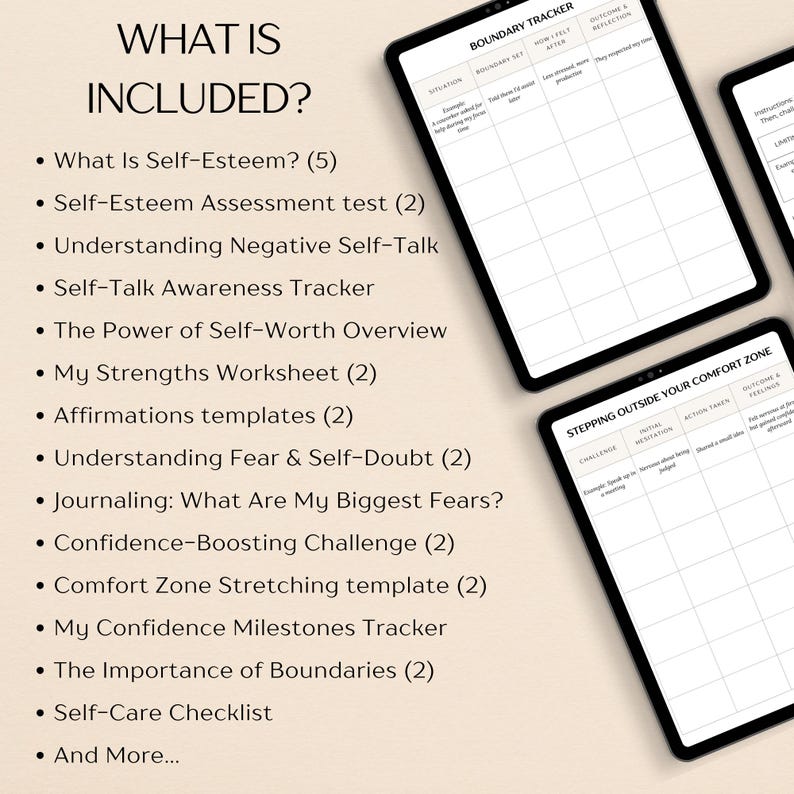 May include: A digital printable worksheet with a list of self-help resources for building self-esteem and confidence. The list includes topics such as self-esteem assessment, negative self-talk, affirmations, and comfort zone stretching. The worksheet is designed to help individuals improve their self-worth and overcome challenges.