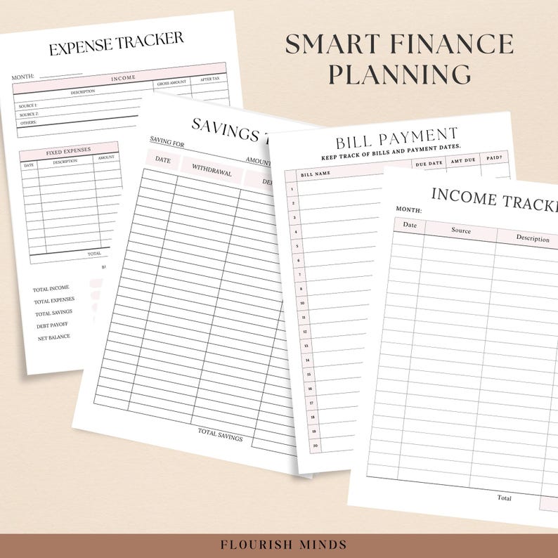May include: Four printable pages for tracking income, expenses, savings, and bill payments. The pages are white with black text and lines. The title of each page is "Expense Tracker", "Savings", "Bill Payment", and "Income Tracker".
