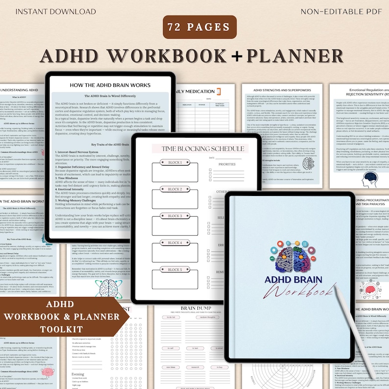 Puede incluir: Kit de herramientas digital de cuaderno de trabajo y planificador de TDAH con 72 p&aacute;ginas. La imagen muestra varias tabletas que muestran p&aacute;ginas con texto y diagramas sobre el TDAH, incluido un horario de bloques de tiempo y un diagrama del cerebro. La portada del cuaderno es azul claro con las palabras "ADHD Brain Workbook".