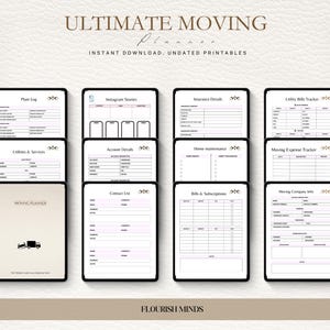 May include: A digital moving planner with various printable pages, including a plant log, insurance details, and utility bill tracker. The planner is designed for instant download and is undated. The cover features a moving truck graphic.