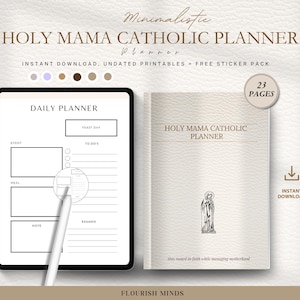 Puede incluir: La imagen muestra un planificador digital en una tableta y un planificador físico. El planificador digital muestra un diseño diario. El planificador físico tiene el título "HOLY MAMA CATHOLIC PLANNER" y una ilustración religiosa. El texto incluye "INSTANT DOWNLOAD, UNDATED PRINTABLES + FREE STICKER PACK".