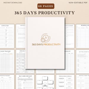 Op de afbeelding: Een witte 365 Days Productivity planner met een gouden logo en tekst. De planner bevat pagina's voor contactlijsten, maandelijkse planning, slaaptracking en meer. De tekst "68 pagina's" staat bovenaan.