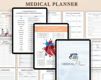 Bundel medische planner, medisch bindmiddel, gezondheidsplanner, bloeddruklogboek, gezondheidsmap, gezondheidsplanner, planner voor gezondheidszorg, pdf/a4