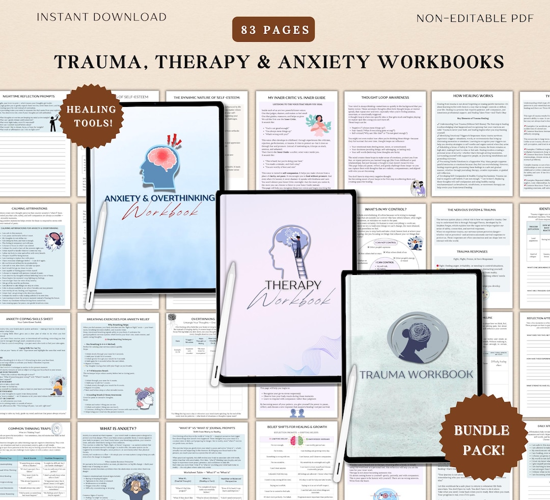 Trauma, Therapy, Anxiety & Overthinking Workbook Bundle, CBT Worksheets ...