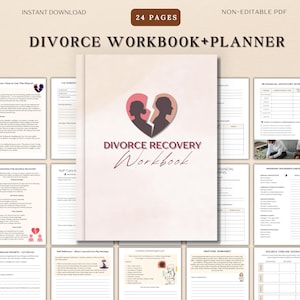 Könnte beinhalten: Ein digitales Scheidungs-Arbeitsbuch und Planer mit dem Text "Divorce Recovery Workbook" und "24 Seiten". Das Cover zeigt eine herzförmige Grafik mit Silhouetten von zwei Personen. Das Arbeitsbuch enthält Seiten für Finanzplanung und Bewältigungsstrategien.