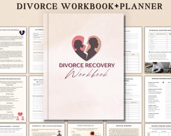 May include: A digital divorce workbook and planner with the text "Divorce Recovery Workbook" and "24 Pages." The cover features a heart-shaped graphic with silhouettes of two people. The workbook includes pages for financial planning and coping strategies.