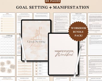 May include: A digital planner and workbook bundle with a brown and white color scheme. The cover of the planner features a minimalist design with the text "Goal Setting Planner" and a person climbing a staircase. The workbook cover features the text "Manifestation Workbook". The bundle includes 68 pages and is non-editable.