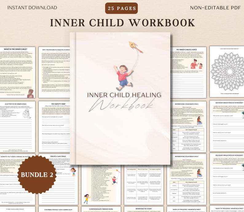 May include: A digital workbook titled "Inner Child Workbook" with 25 pages, available for instant download as a non-editable PDF. The cover features a child with a kite. The bundle includes worksheets and exercises for inner child healing.
