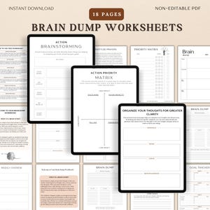 Könnte beinhalten: Digitale Brain Dump Arbeitsblätter, ein nicht bearbeitbares PDF mit 18 Seiten. Die Arbeitsblätter umfassen Brainstorming, Aktionsprioritätsmatrix und Organisationstools. Der Titel "Brain Dump Worksheets" wird in großem Text angezeigt.