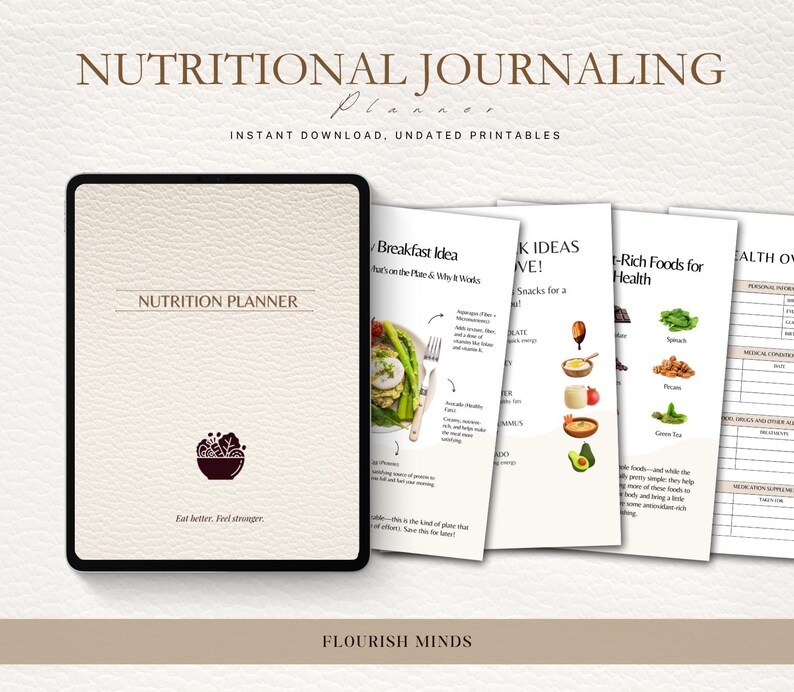 May include: A beige nutrition planner with the words "NUTRITION PLANNER" on the cover, and the phrase "Eat better. Feel stronger." below a bowl graphic. The planner is next to several pages with nutritional information and the words "NUTRITIONAL JOURNALING Planner" at the top.