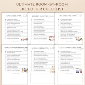 Op de afbeelding: Een afdrukbare kamer-voor-kamer checklist voor het opruimen met titels voor de keuken, slaapkamer, woonkamer, kantoor, badkamer en garage. Elke sectie bevat taken om te helpen organiseren en rommel op te ruimen. De tekst "ULTIMATE ROOM-BY-ROOM DECLUTTER CHECKLIST" staat bovenaan.
