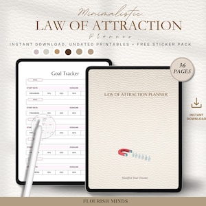May include: A digital planner with a beige leather-like cover and the text "Law of Attraction Planner" in black. The cover also features a red magnet attracting a line of small white people. The planner is 36 pages and includes a goal tracker.