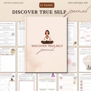 Może przedstawiać: Cyfrowy dziennik zatytułowany "Discover True Self" z 31 stronami, przedstawiający medytującą kobietę na okładce. Dziennik zawiera wskazówki dotyczące autorefleksji i rozwoju osobistego. Projekt jest w miękkich, neutralnych tonacjach, ze słowami "Natychmiastowe pobieranie" i "PDF nieedytowalny".