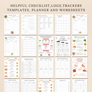 May include: A printable set of 16 black and white planner pages for meal planning, grocery shopping, and tracking food intake. The pages feature illustrations of food and kitchen items.