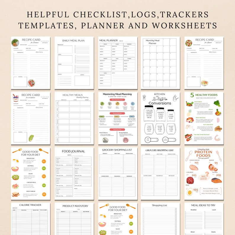 May include: A printable set of 16 black and white planner pages for meal planning, grocery shopping, and tracking food intake. The pages feature illustrations of food and kitchen items.