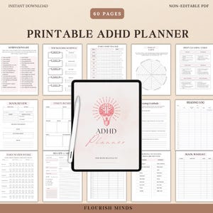 Könnte beinhalten: Ein druckbarer ADHD-Planer mit 60 Seiten. Der Planer enthält Seiten für Affirmationen, Zeitblockierung, Gewohnheitsverfolgung, Vision Boards, Buchrezensionen, tägliche Wasseraufnahme, Rezeptkarten, Morgen- und Abendroutinen, Dankbarkeitstagebuch, Tiefenreinigungsaufgaben, Lesetagebücher und Bücherwunschlisten. Das Cover zeigt eine rosa und weiße Illustration einer Glühbirne mit einem Gehirn darin.