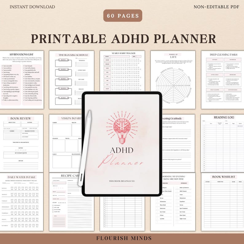 May include: A printable ADHD planner with 60 pages. The planner includes pages for affirmations, time blocking, habit tracking, vision boards, book reviews, daily water intake, recipe cards, morning and evening routines, gratitude journaling, deep cleaning tasks, reading logs, and book wishlists. The cover features a pink and white illustration of a lightbulb with a brain inside.