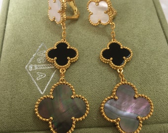 Authentic Van Cleef Vintage Alhambra earrings,Black Onyx Dangle Earrings Jewelry Mother of Pearl 3 Motif Drop