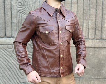 Mens Dark Brown Distressed Leather Shirt, Mens Leather Shirts, Brown Distressed Leather Slim Fit Shirt For Men