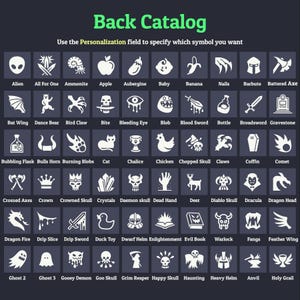 May include: A dark gray graphic with a catalog of symbols, including an alien, apple, banana, and various fantasy-themed icons. Text at the top reads "Back Catalog" and instructs users to specify a symbol in the personalization field.