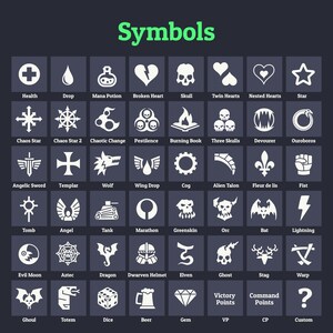 May include: A dark blue graphic featuring a grid of white symbols with corresponding text labels. Symbols include a health cross, a drop, a skull, a star, and a question mark. The word "Symbols" is in green at the top.