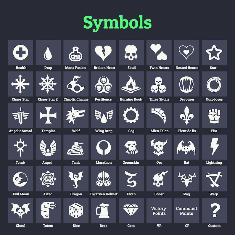 May include: A dark blue graphic featuring a grid of white symbols with corresponding text labels. Symbols include a health cross, a drop, a skull, a star, and a question mark. The word "Symbols" is in green at the top.