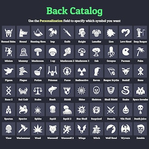 May include: A grid of white graphic symbols on a dark background, labeled as a "Back Catalog." Symbols include a horned helm, a hound, a knife, a mushroom, an octopus, a skull, and a witch. Text at the top reads "Back Catalog."