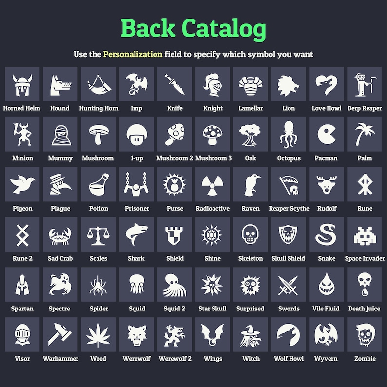 May include: A grid of white graphic symbols on a dark background, labeled as a "Back Catalog." Symbols include a horned helm, a hound, a knife, a mushroom, an octopus, a skull, and a witch. Text at the top reads "Back Catalog."